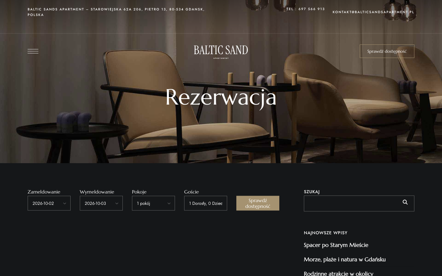 Strona rezerwacji z wybranym terminem zameldowania i wymeldowania