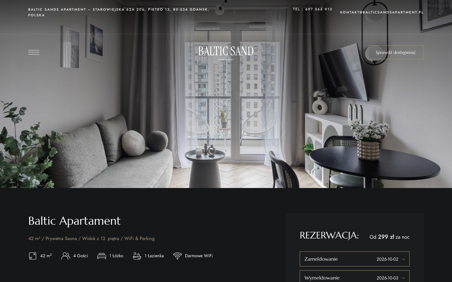 Karta apartamentu Baltic Apartament z ceną za noc i przyciskiem Zarezerwuj teraz