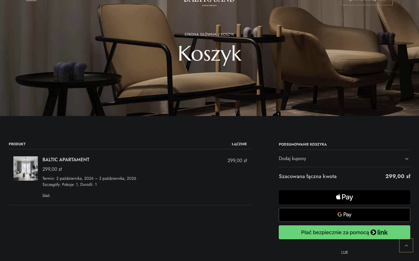 Koszyk z rezerwacją apartamentu, terminem i kwotą