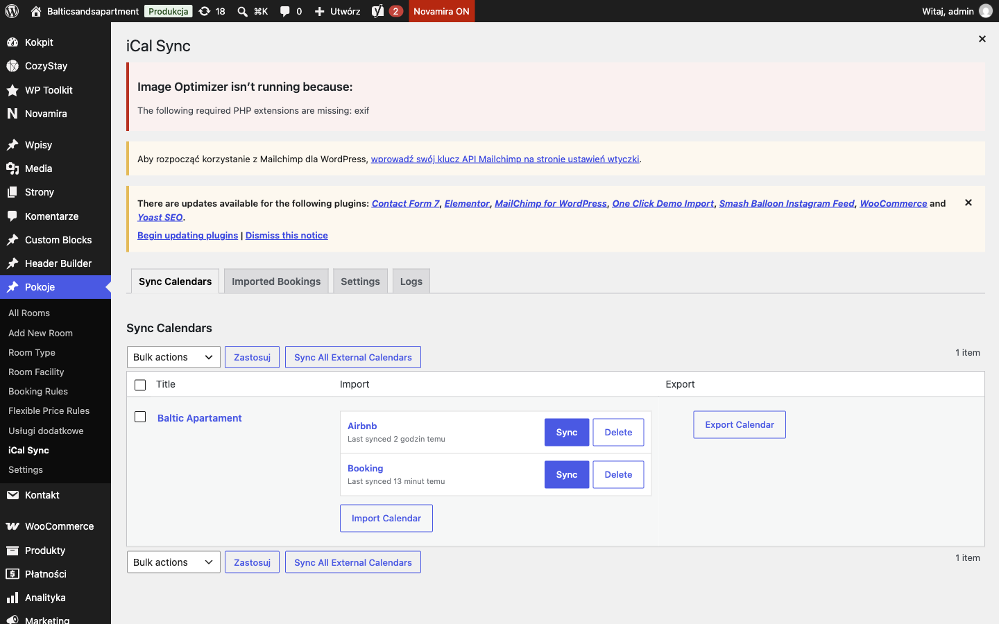 Panel iCal Sync: import z Airbnb i Booking oraz przycisk Export Calendar
