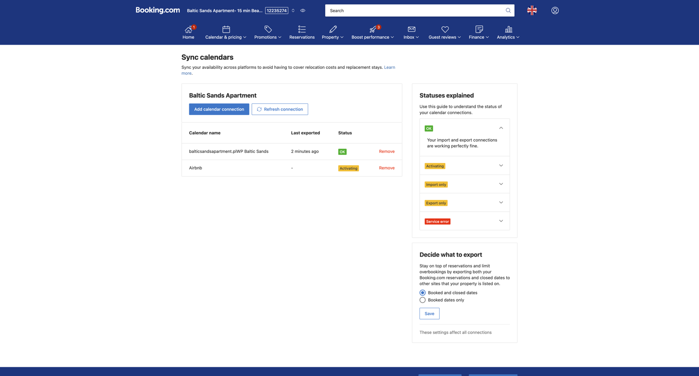 Booking.com — Sync calendars: połączenie strony ze statusem OK oraz Airbnb