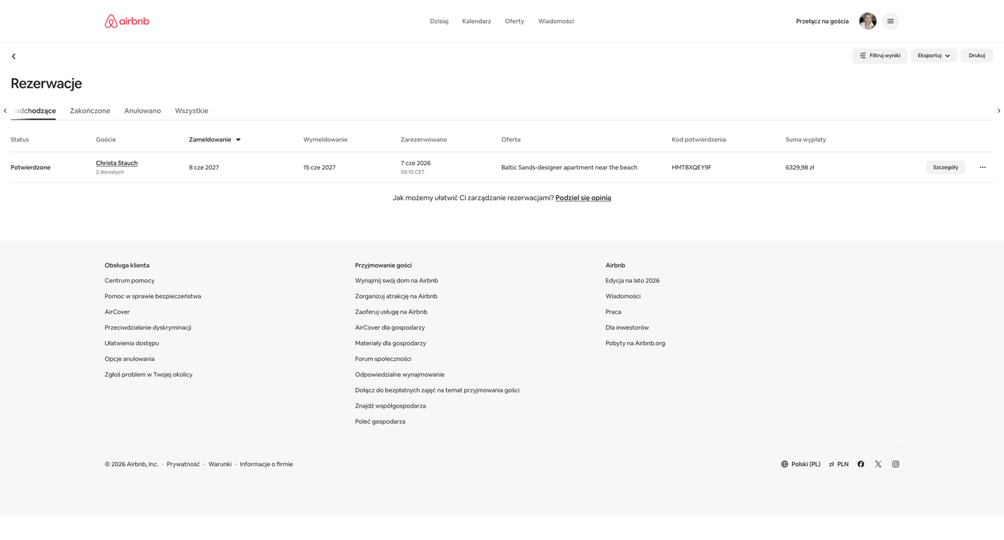 Airbnb — lista rezerwacji z datami i kodem potwierdzenia