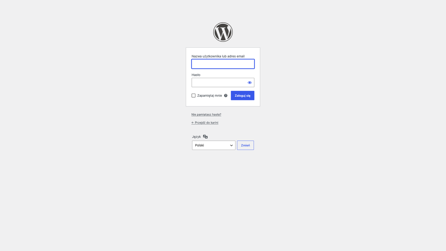 Ekran logowania do WordPressa — login, hasło, przycisk Zaloguj się