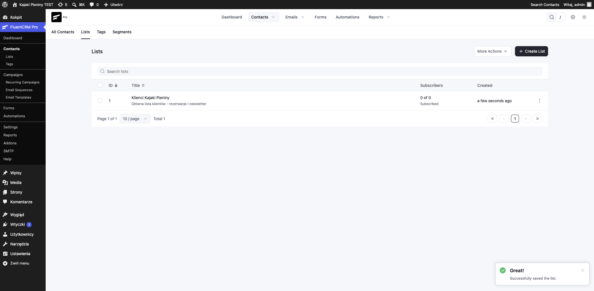 Listy kontaktów w FluentCRM