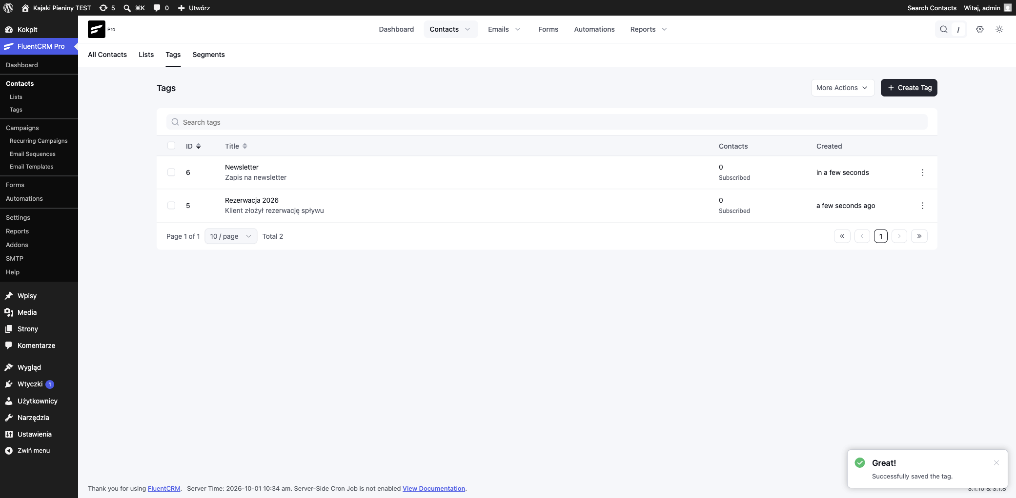 Tagi kontaktów w FluentCRM