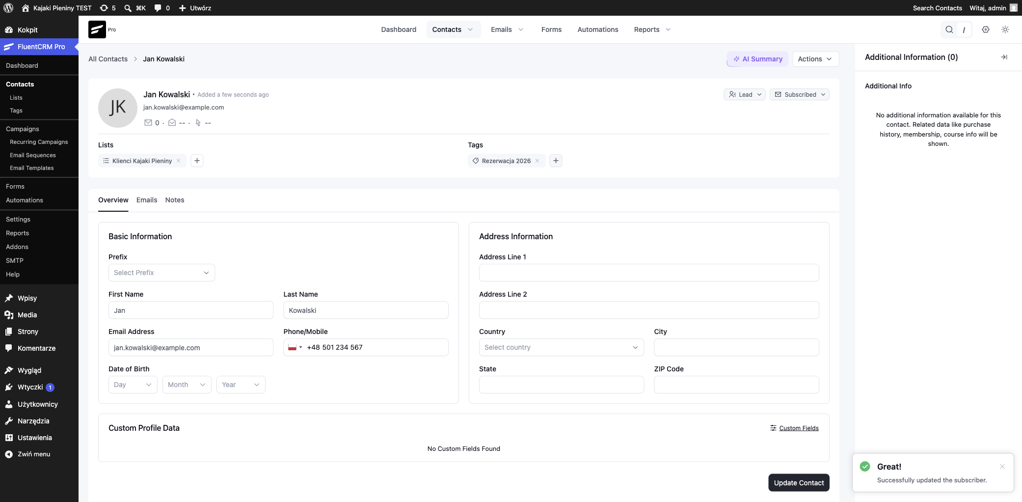 Karta kontaktu w FluentCRM