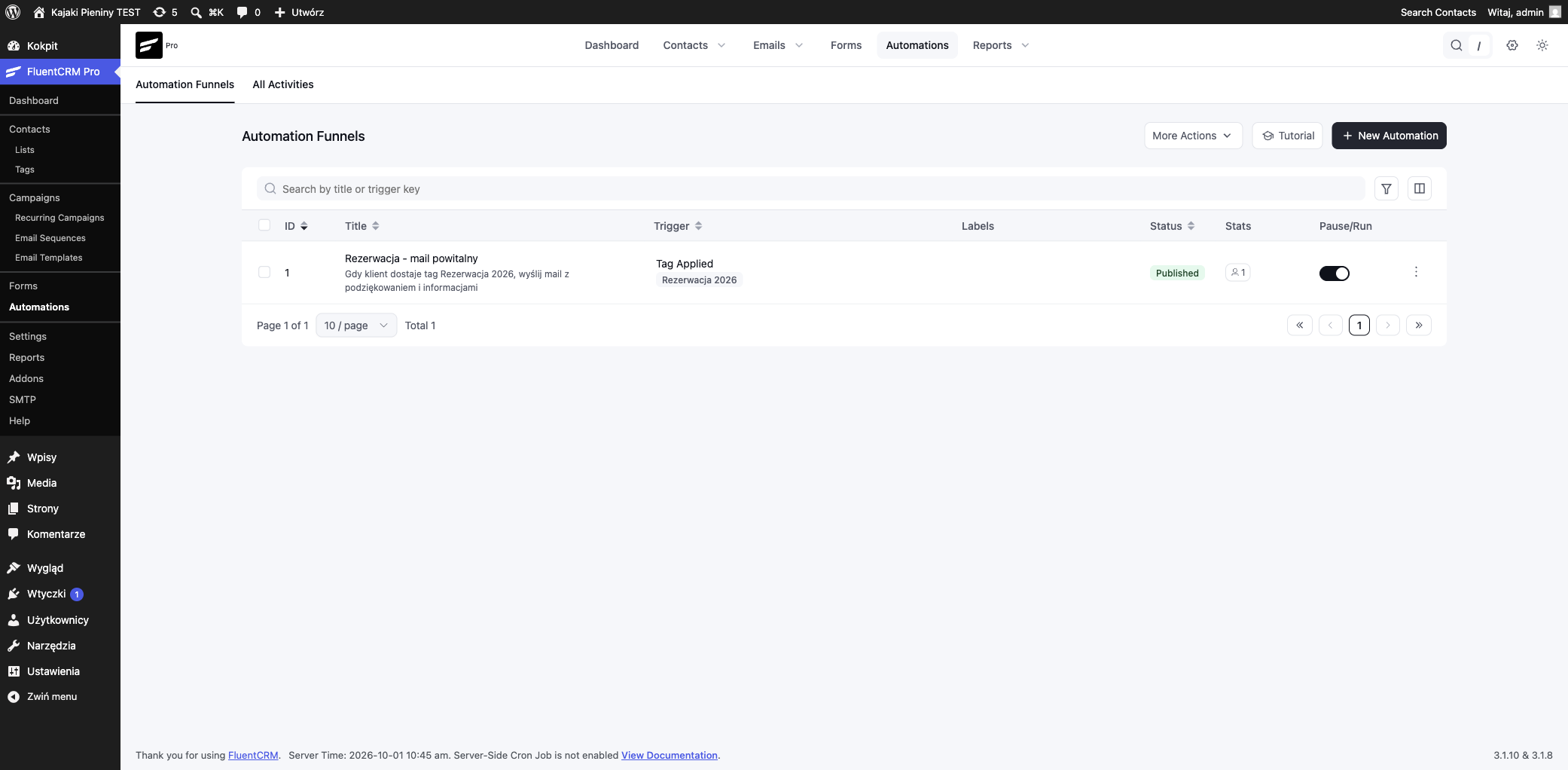 Lista automatyzacji w FluentCRM