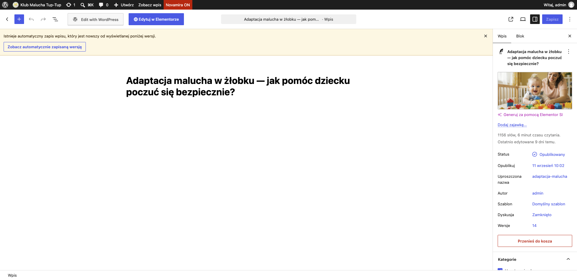 Przykładowy opublikowany wpis z obrazkiem wyróżniającym